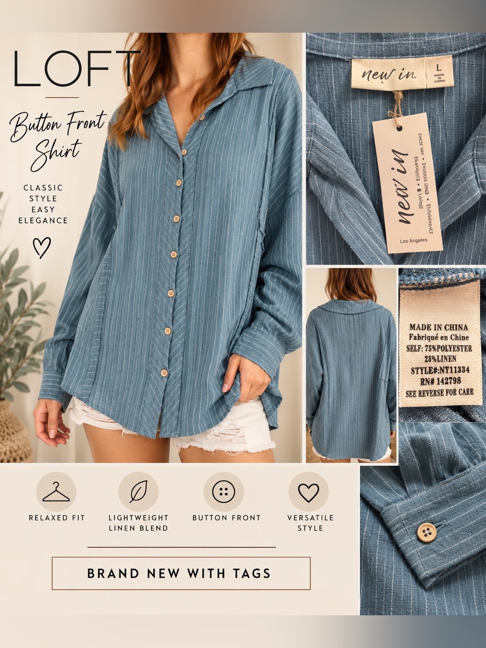 New In - Relaxed Pinstripe Button-Up Shirt - Blue